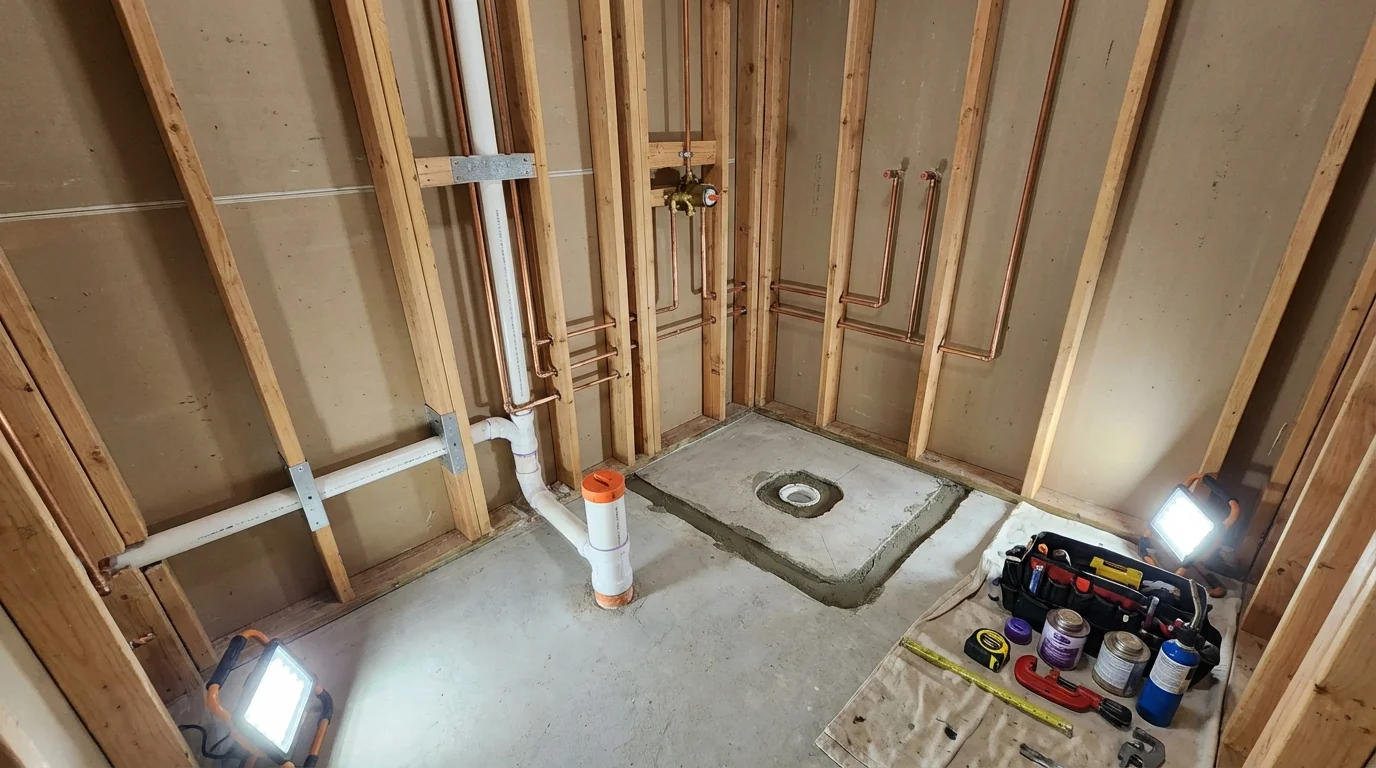 Bathroom rough-in plumbing during remodel by Johns Plumbing LLC in Hoyt Lakes