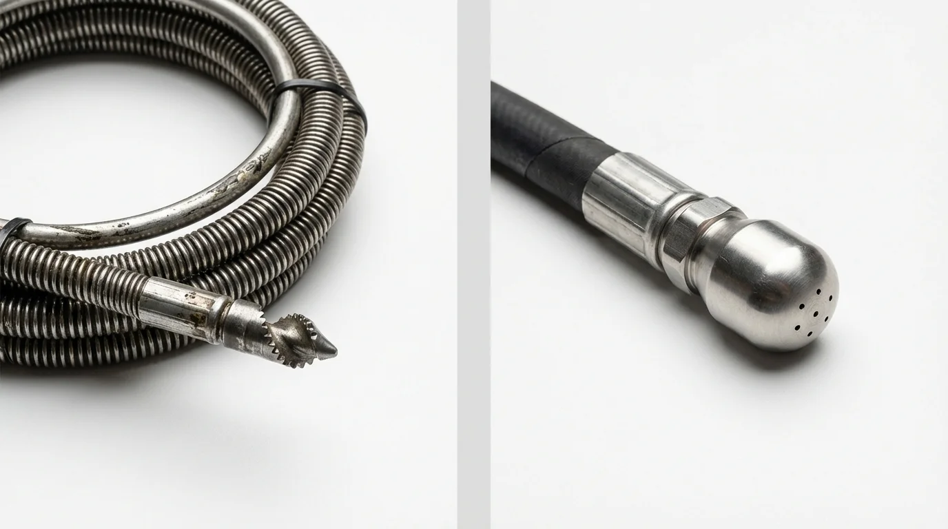 Drain snake cable and hydro jetting nozzle used for drain cleaning in Hoyt Lakes, MN