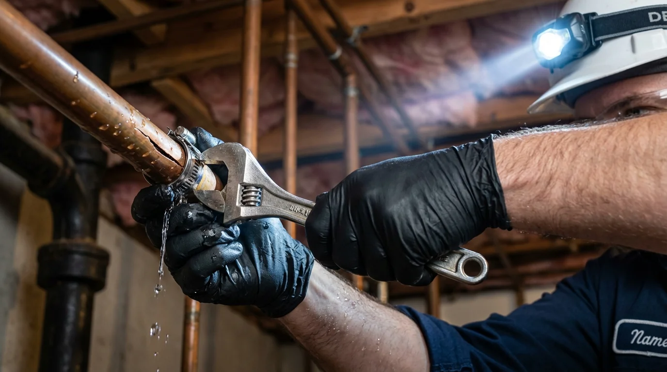 Emergency pipe clamp repair being performed by a Johns Plumbing LLC plumber in Hoyt Lakes