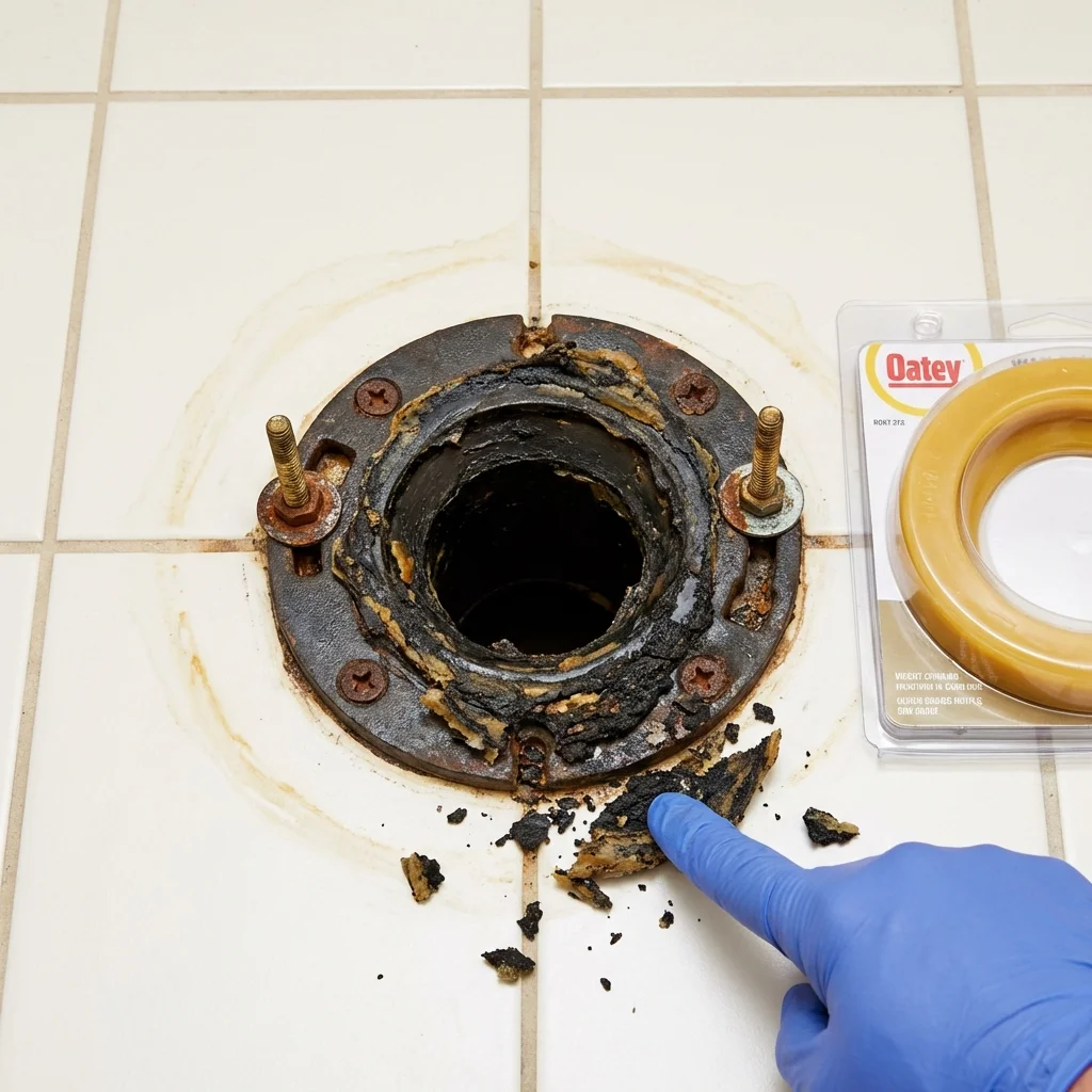 Failed wax ring showing water seepage at the base of a toilet in a Hoyt Lakes, MN home