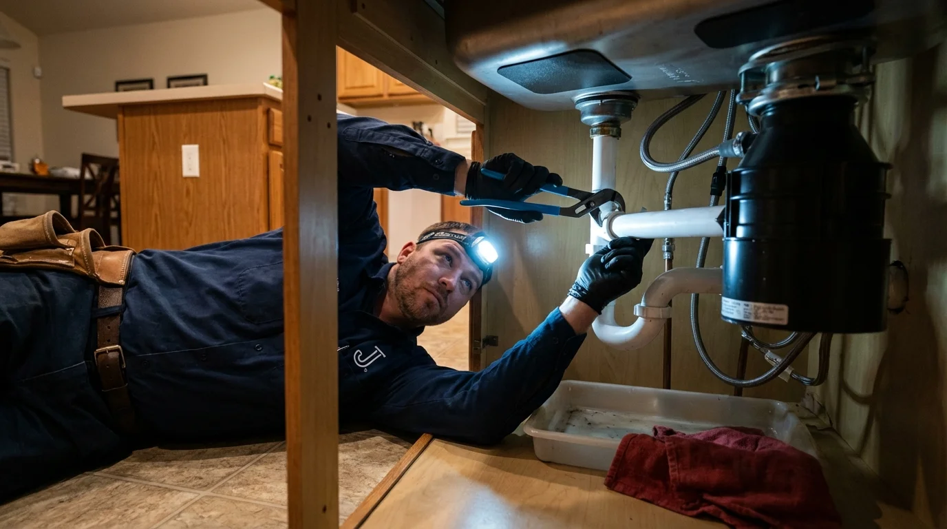 P-trap and supply line connections under a kitchen sink showing a common leak point in Hoyt Lakes, MN